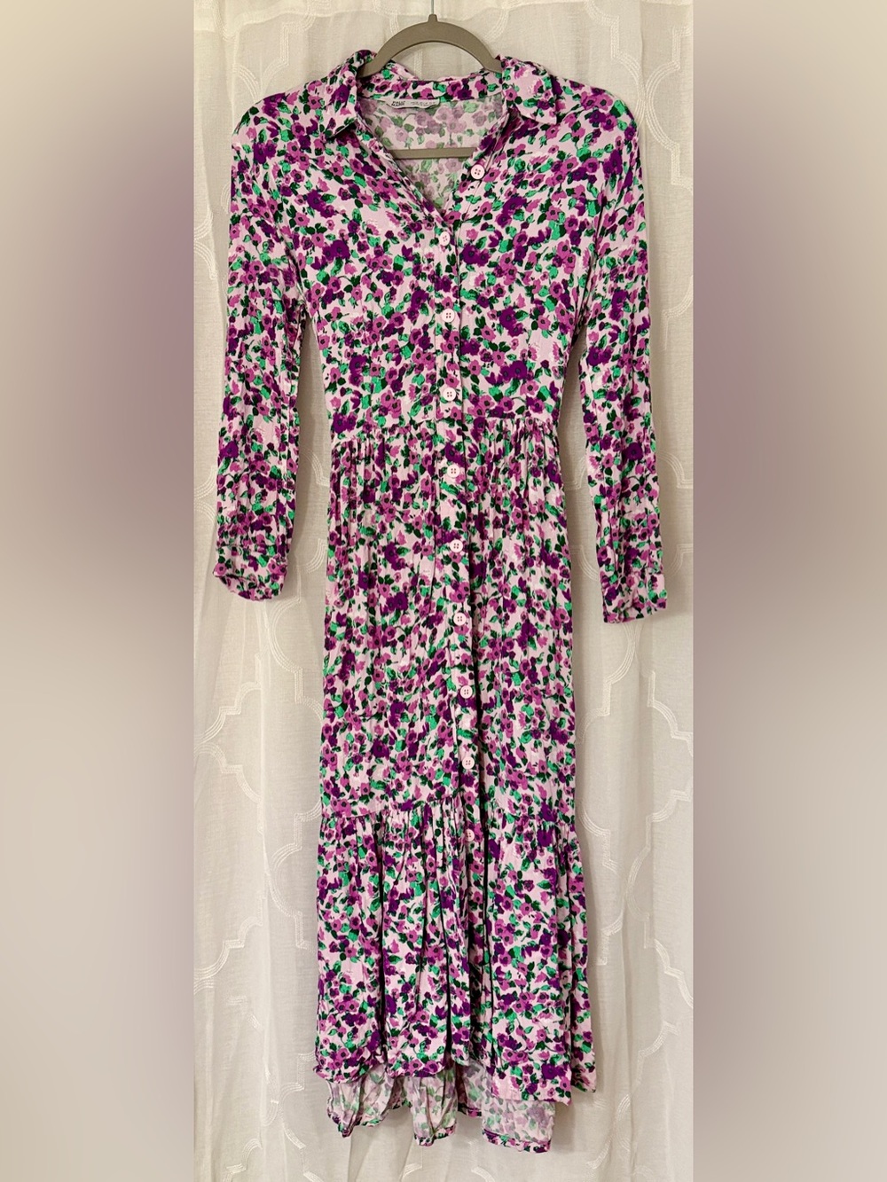 Paul Mark Pink Purple Floral Button Front Tie Waist Maxi Dress Medium